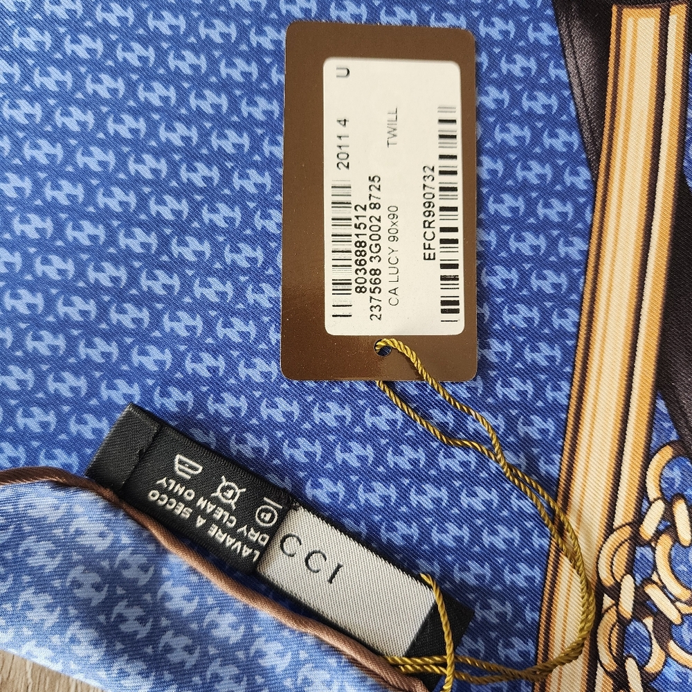 Auth Gucci NWT Equestrian Blue/Brown Silk Scarf - Picture 7 of 8